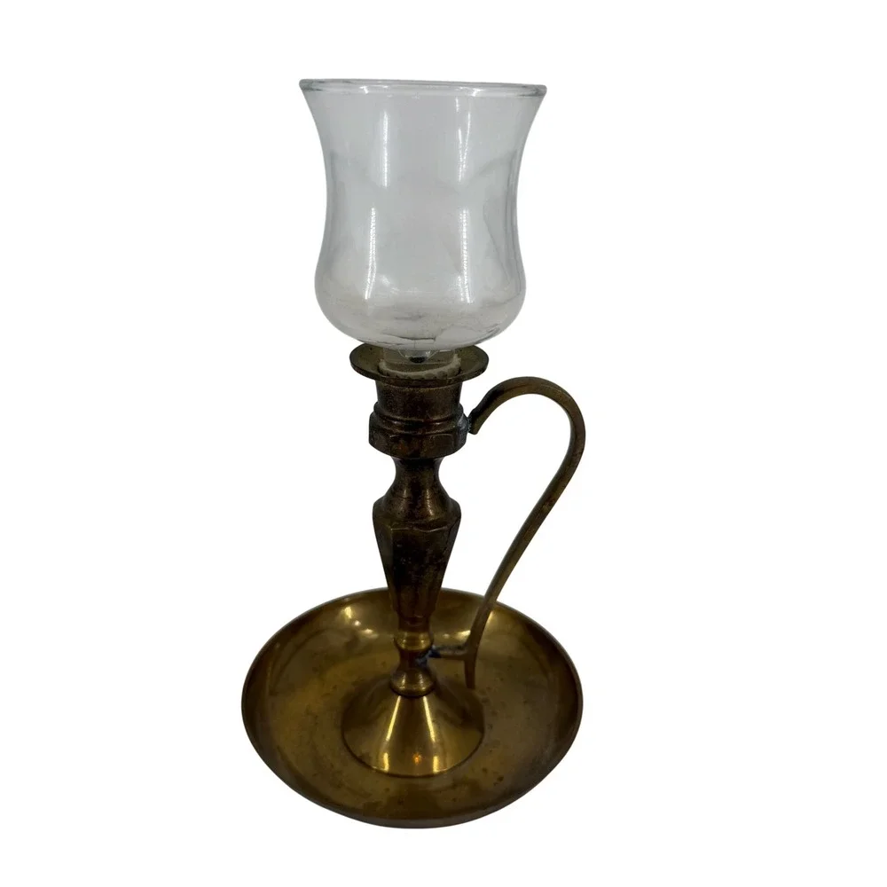 Vintage Solid Brass Chamberstick Candle Holder with Glass Hurricane Shade India
